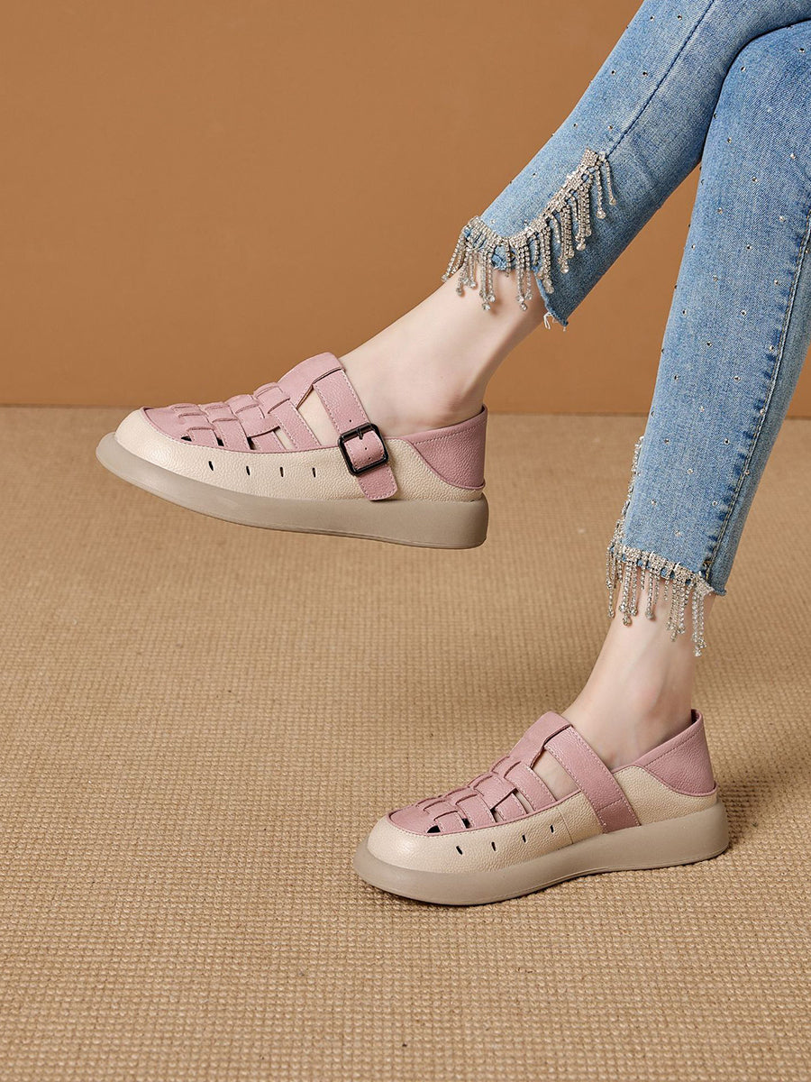 Women Casual Summer Genuine Leather Weave Flat Shoes