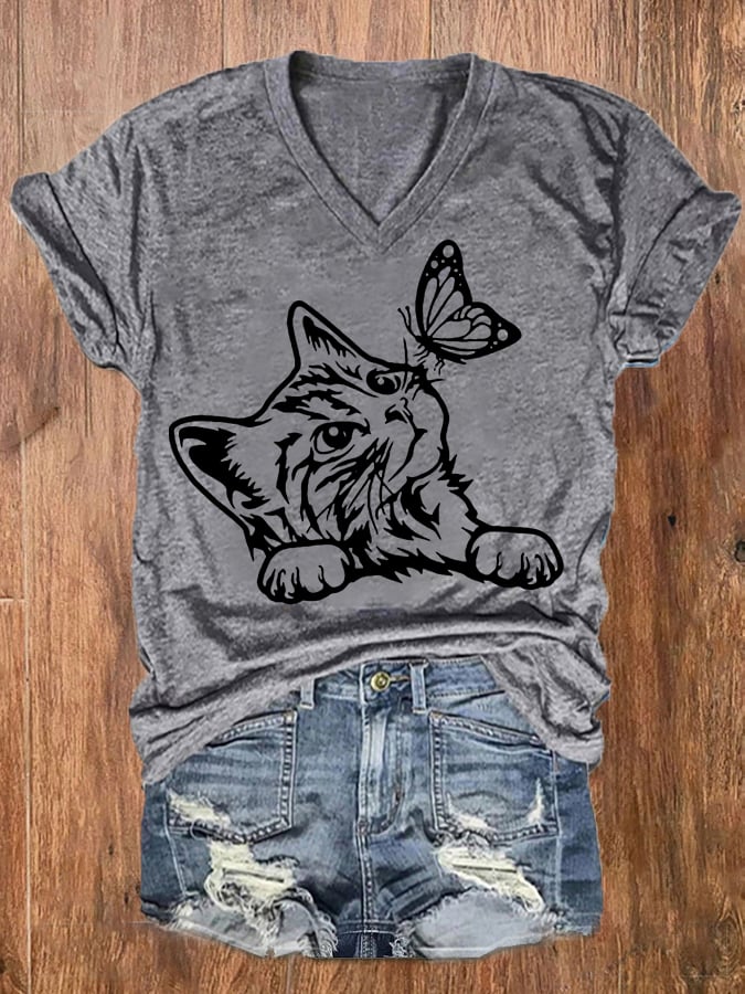 Women's Cute Cat with Butterfly Print V-Neck T-Shirt