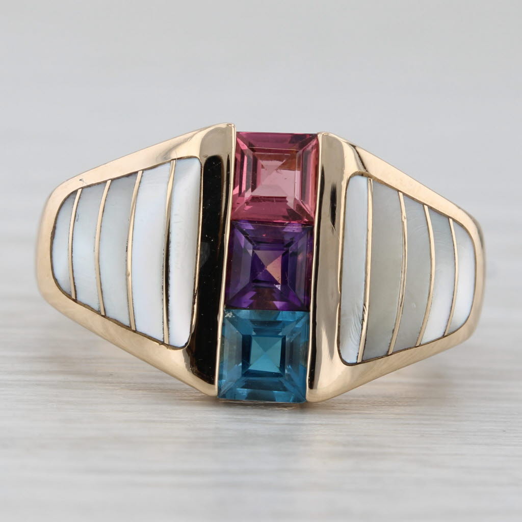 Kabana Mother of Pearl Topaz Amethyst Tourmaline 14k Yellow Gold Size 6.25