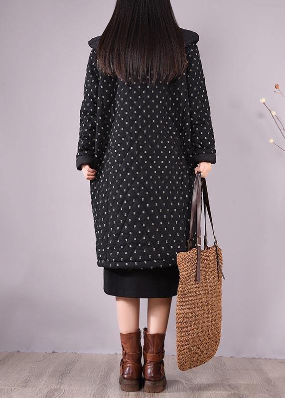 Loose Fitting Coats Black Hooded Pockets Casual Outfit