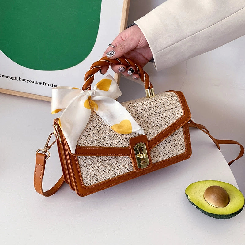 Women's Medium Straw Solid Color Fashion Ribbon Square Flip Cover Crossbody Bag