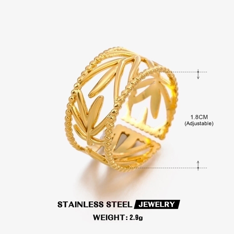 304 Stainless Steel 18K Gold Plated Minimalist Plating Leaf Open Ring