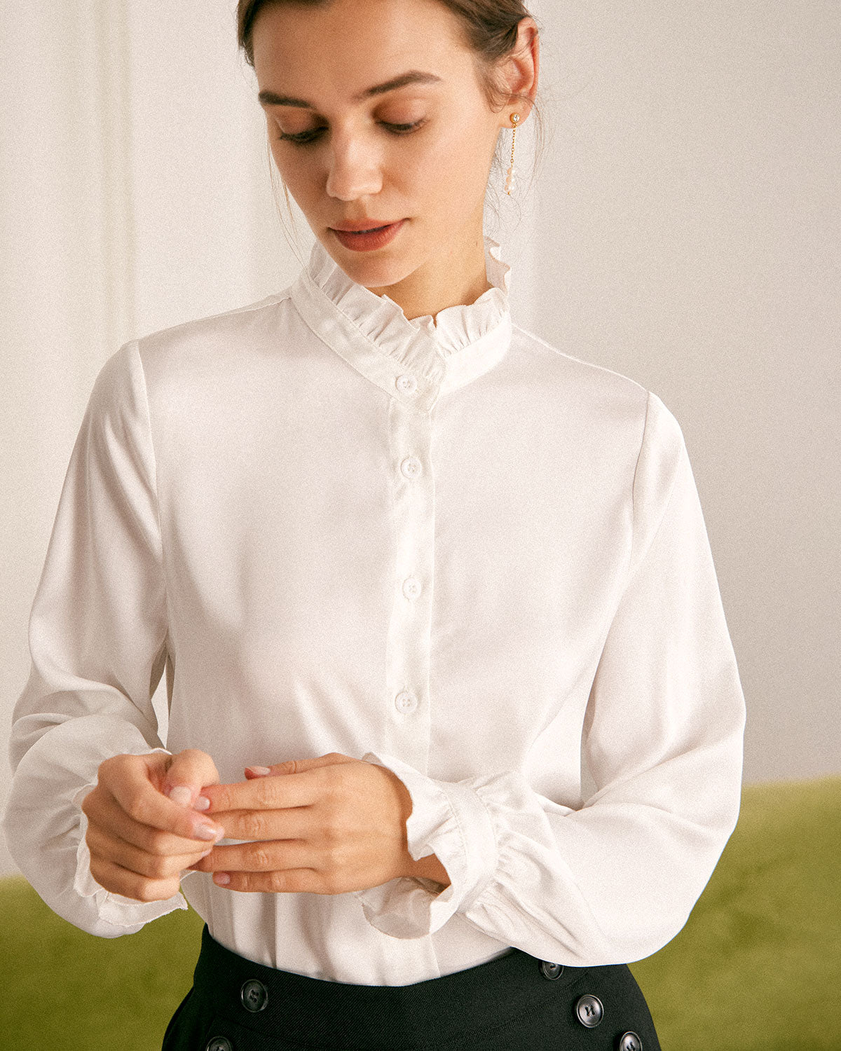 The White Mock Neck Ruffled Satin Shirt