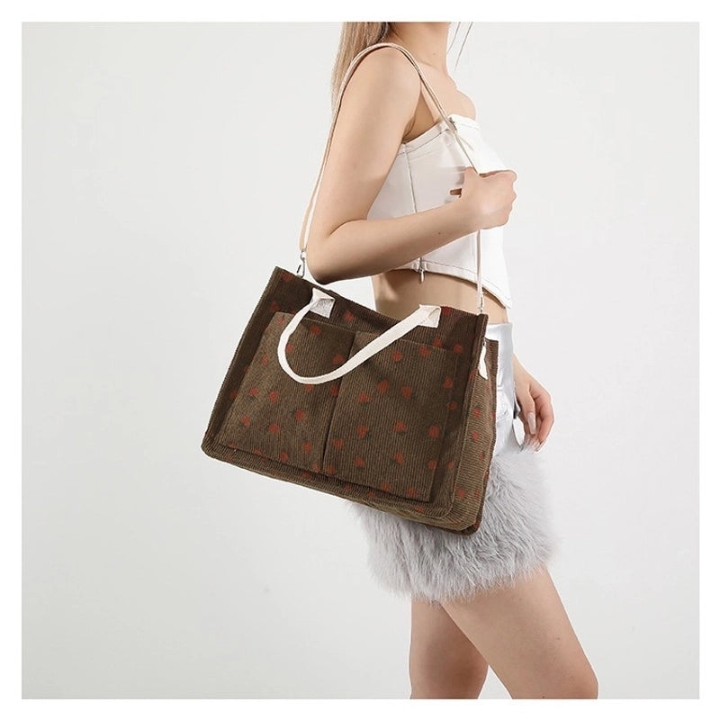 Women's Large Corduroy Solid Color Strawberry Basic Classic Style Square Zipper Tote Bag