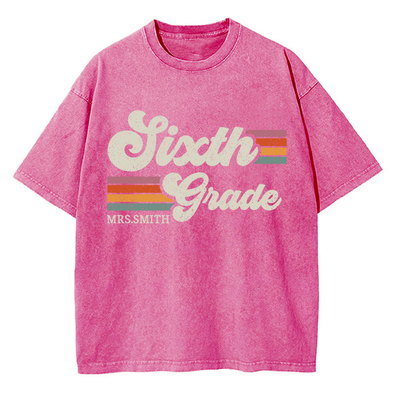 Personalized Grade And Name Retro Horizontal Stripes Teacher Washed T-Shirt