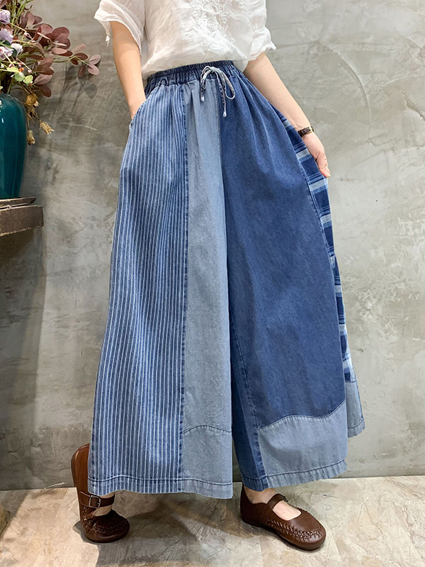 Loose  Drawstring Elasticity Plaid Split-Joint Ninth Jean Pants Bottoms