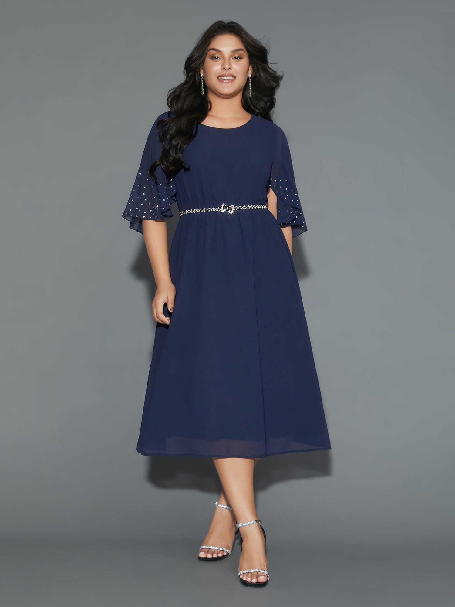 Rhinestone Elastic Waist Ruffle Sleeve Dress