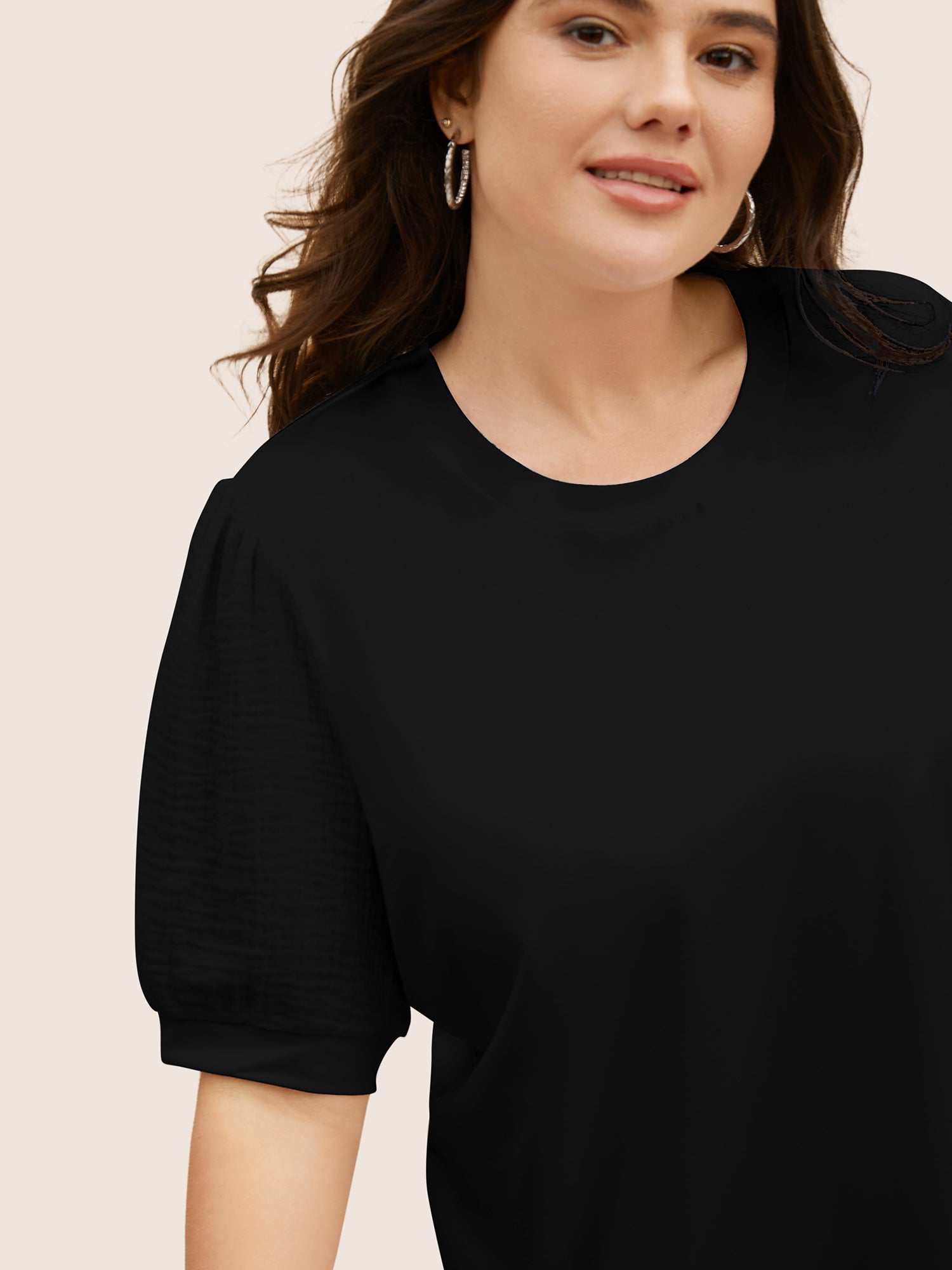 Plain Textured Patchwork Lantern Sleeve T-shirt