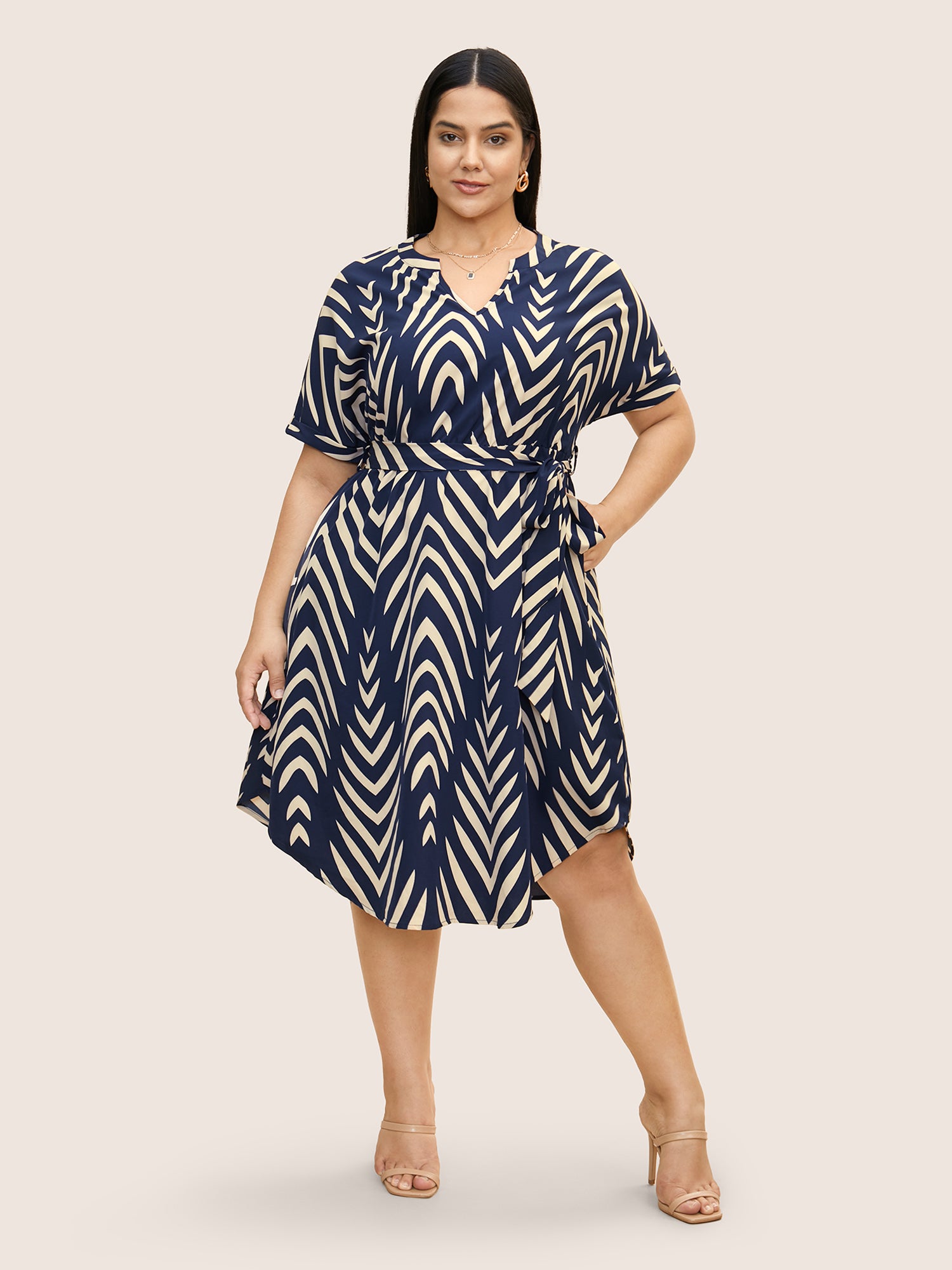 Geometric Belted Dolman Sleeve Curved Hem Dress