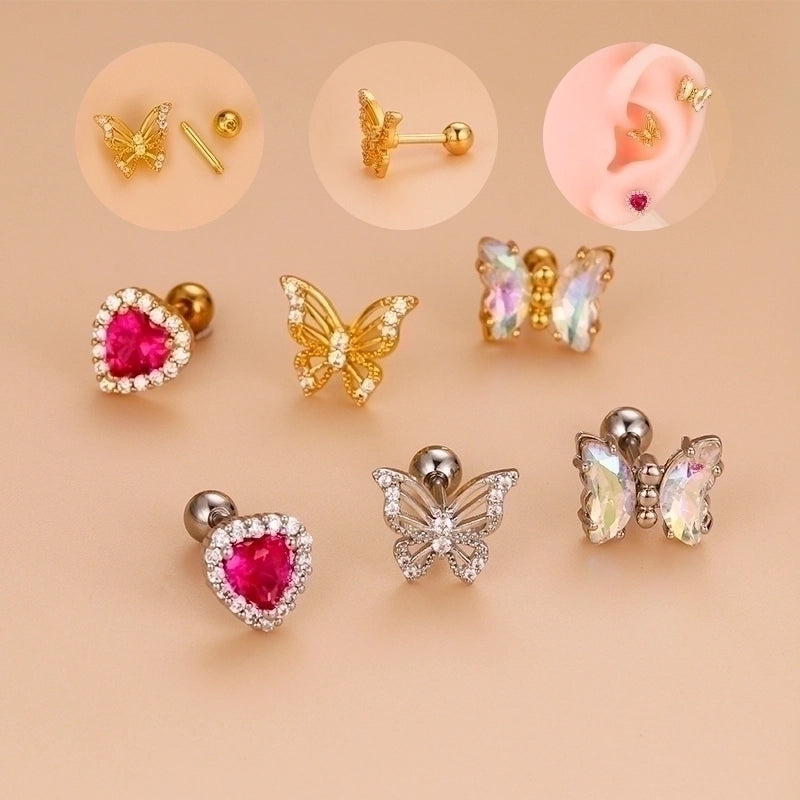 1 Piece Ear Cartilage Rings & Studs Fashion Heart Shape Butterfly 316L Stainless Steel  Copper Hollow Out Inlay Zircon
