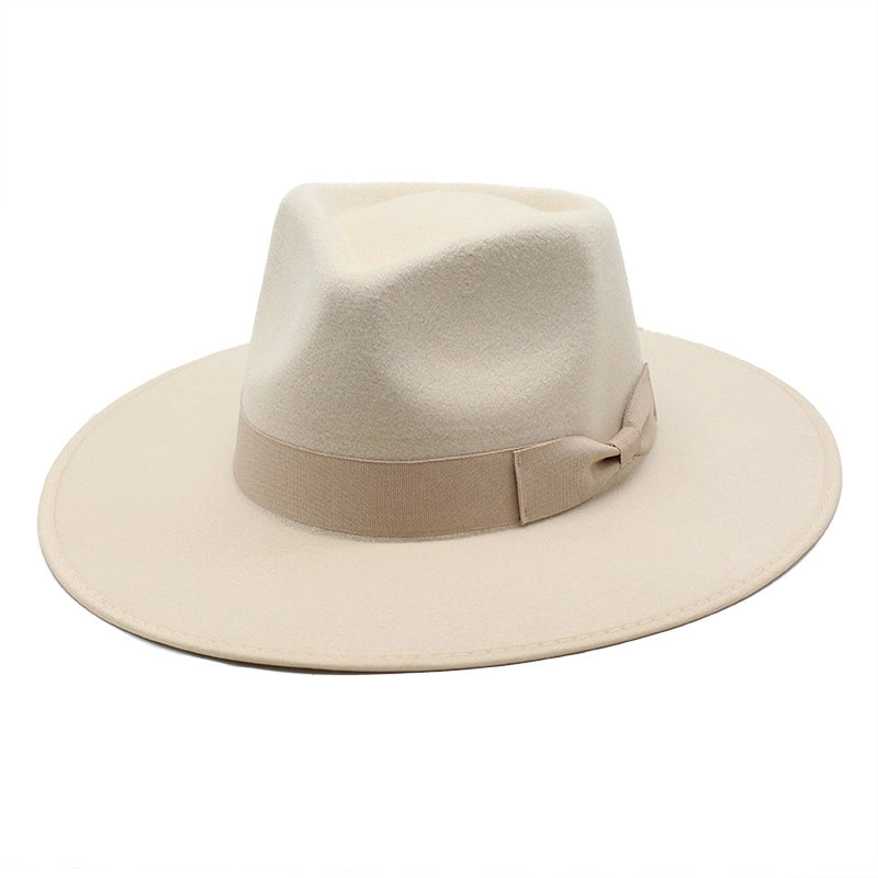 Autumn And Winter Wool Beige Wrapping Large Brim Jazz Top Hat Men's And Women's Bow Drop Top Jazz Hat Felt Hat