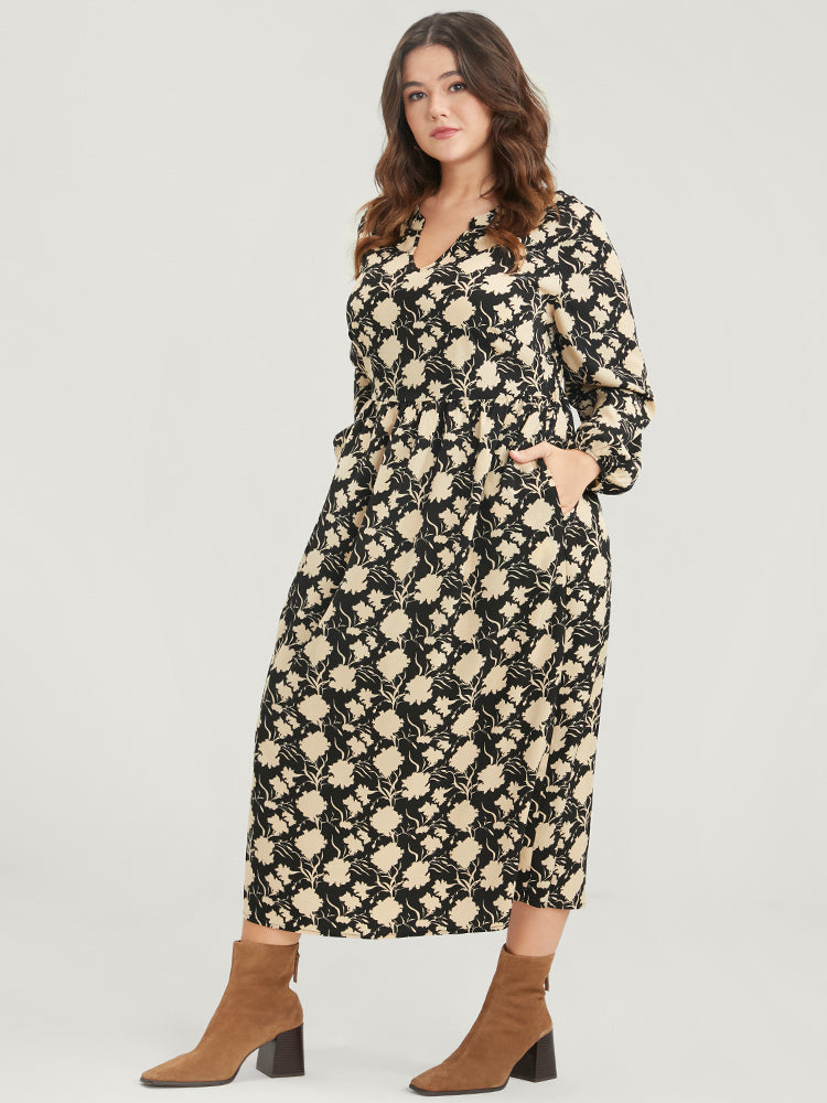 Floral Lantern Sleeve Pocket V Neck Midi Dress
