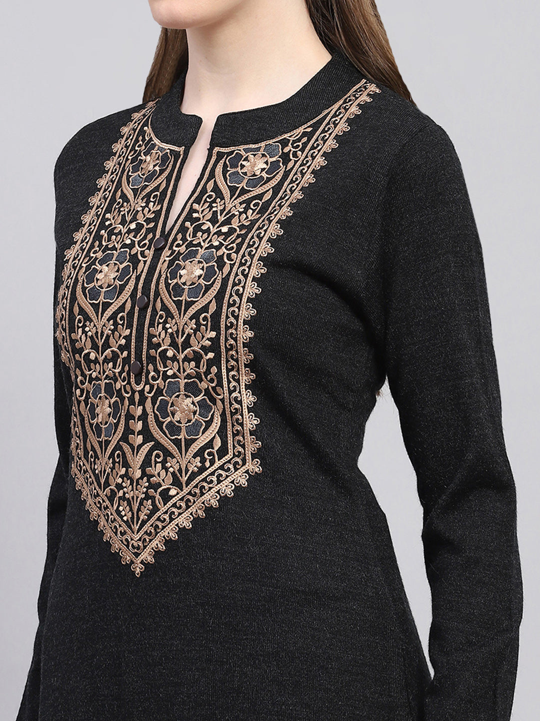 Women Black Embroidered Round Neck Full Sleeve Kurti Set for Winter