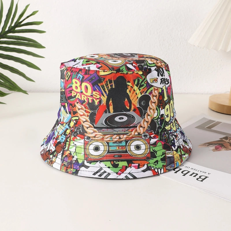 Unisex Casual Retro Artistic Letter Color Block Printing Curved Eaves Bucket Hat