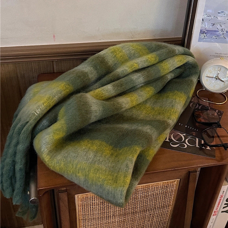 Latest Mohair Striped Tassel Scarf Fashion Geometric Gradient Shawl Versatile Thickened Scarf
