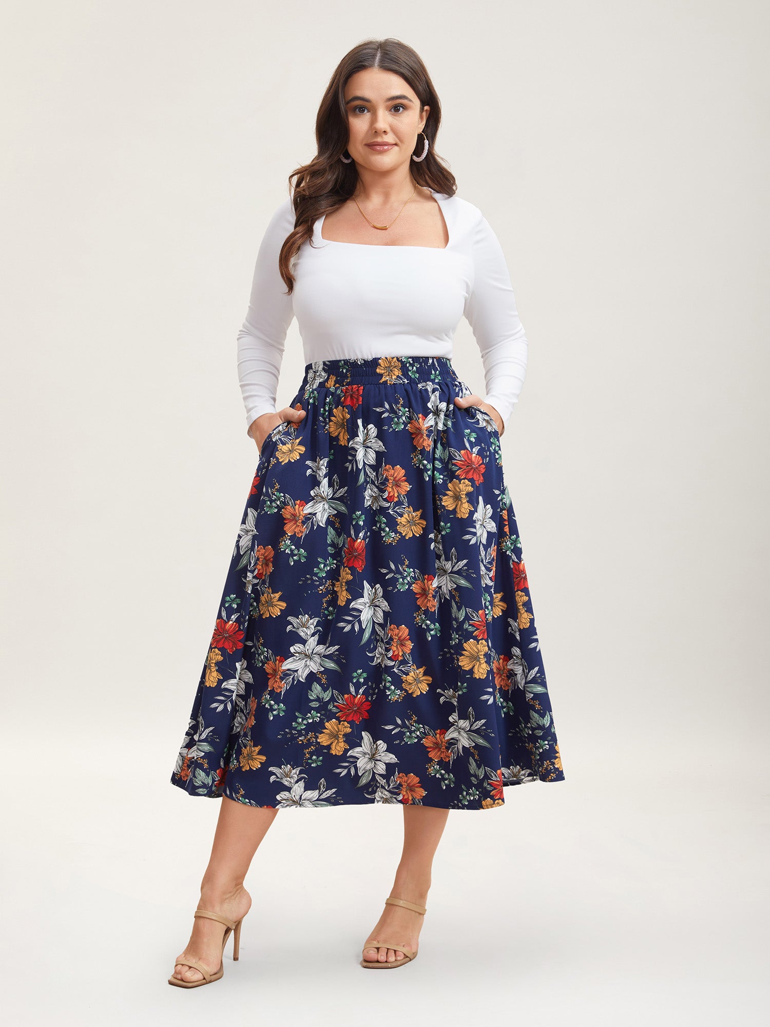 Floral Print Drawstring Pleated Midi Skirt