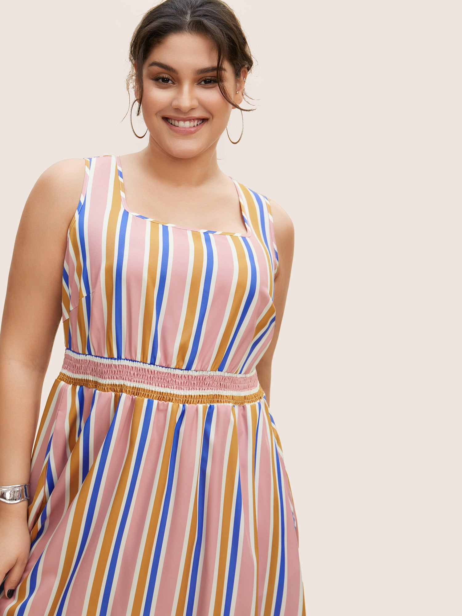 Contrast Striped Shirred Ruffle Hem Midi Dress