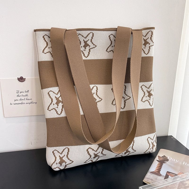 Women's Medium Knit Star Stripe Classic Style Open Shoulder Bag