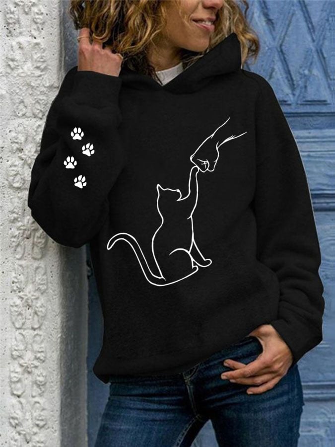 Women's Cat and Hand Print Casual Hoodie