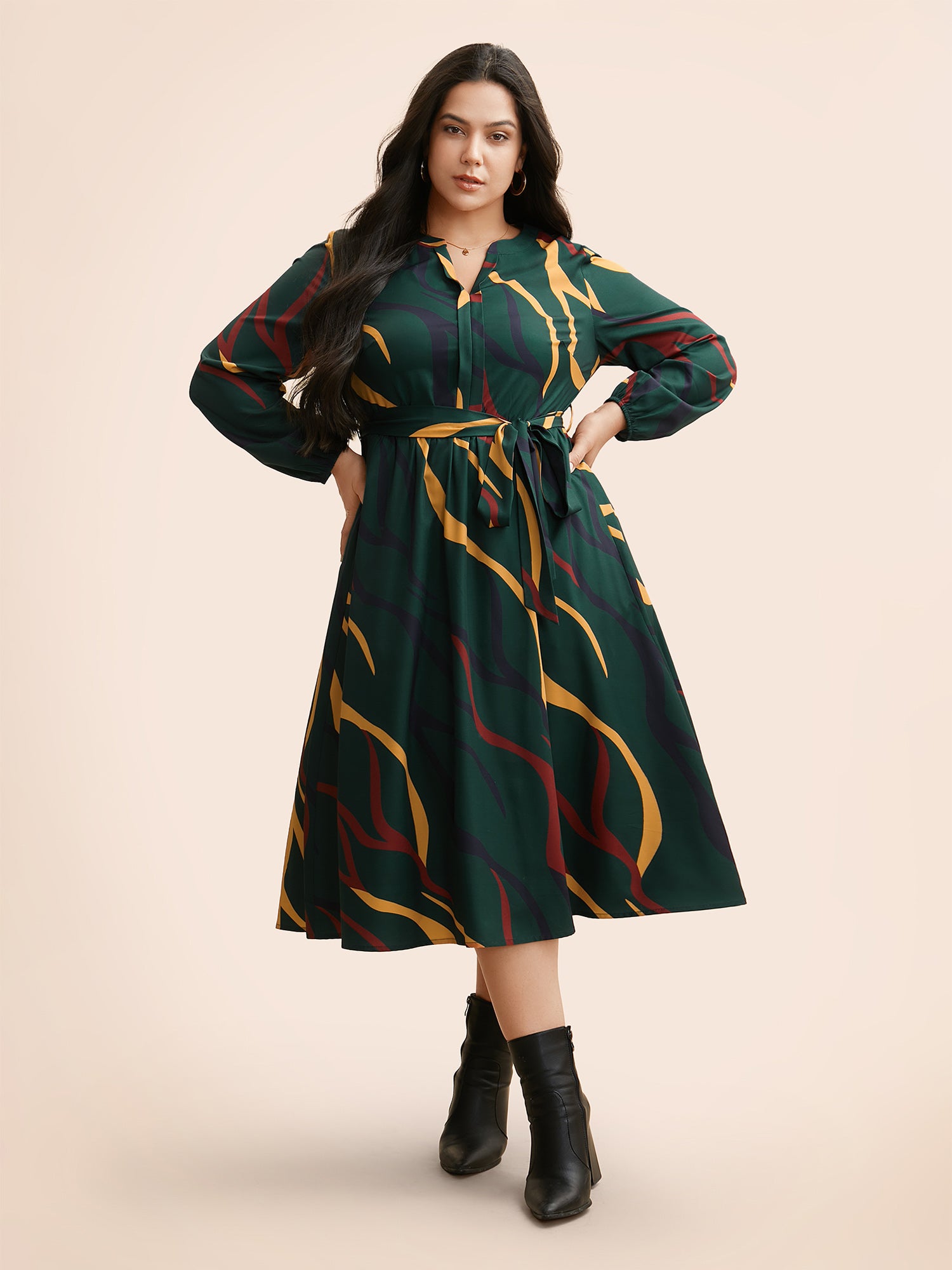 Notched Geometric Belted Midi Dress