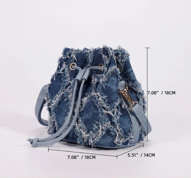 Women's Denim Solid Color Fashion Bucket String Shoulder Bag Crossbody Bag Bucket Bag