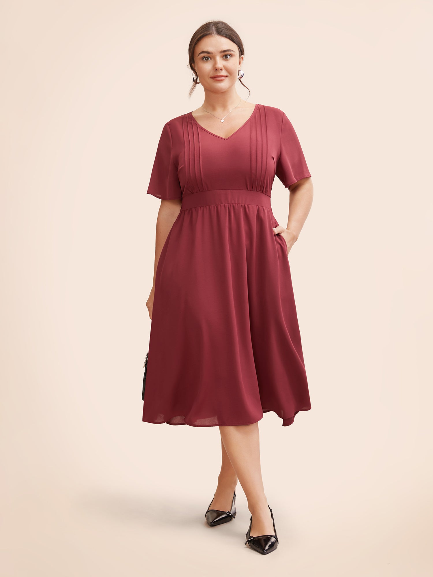 V Neck Pleated Shirred Midi Dress