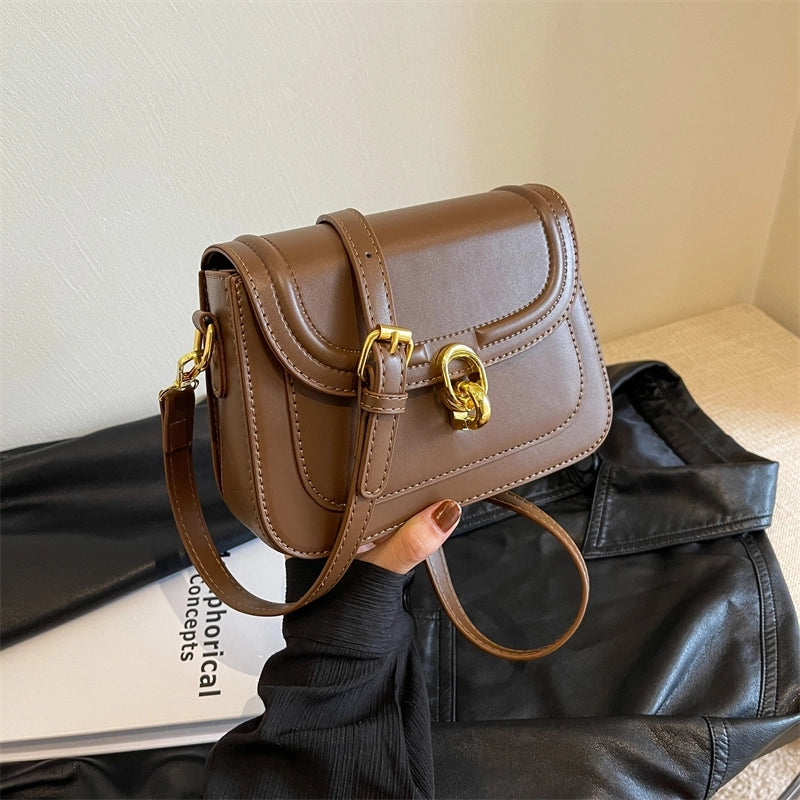 Women's Pu Leather Solid Color Classic Style Square Lock Clasp Shoulder Bag Crossbody Bag