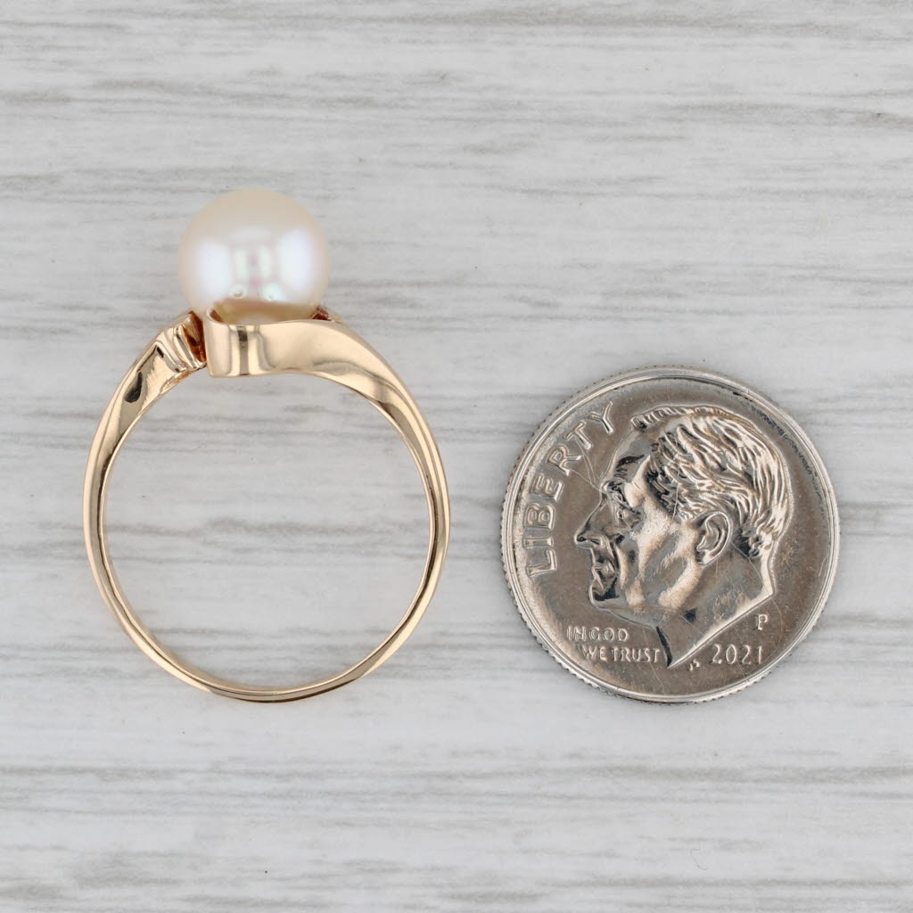 Cultured Pearl Bead Solitaire Bypass Ring 14k Yellow Gold Size 6.75
