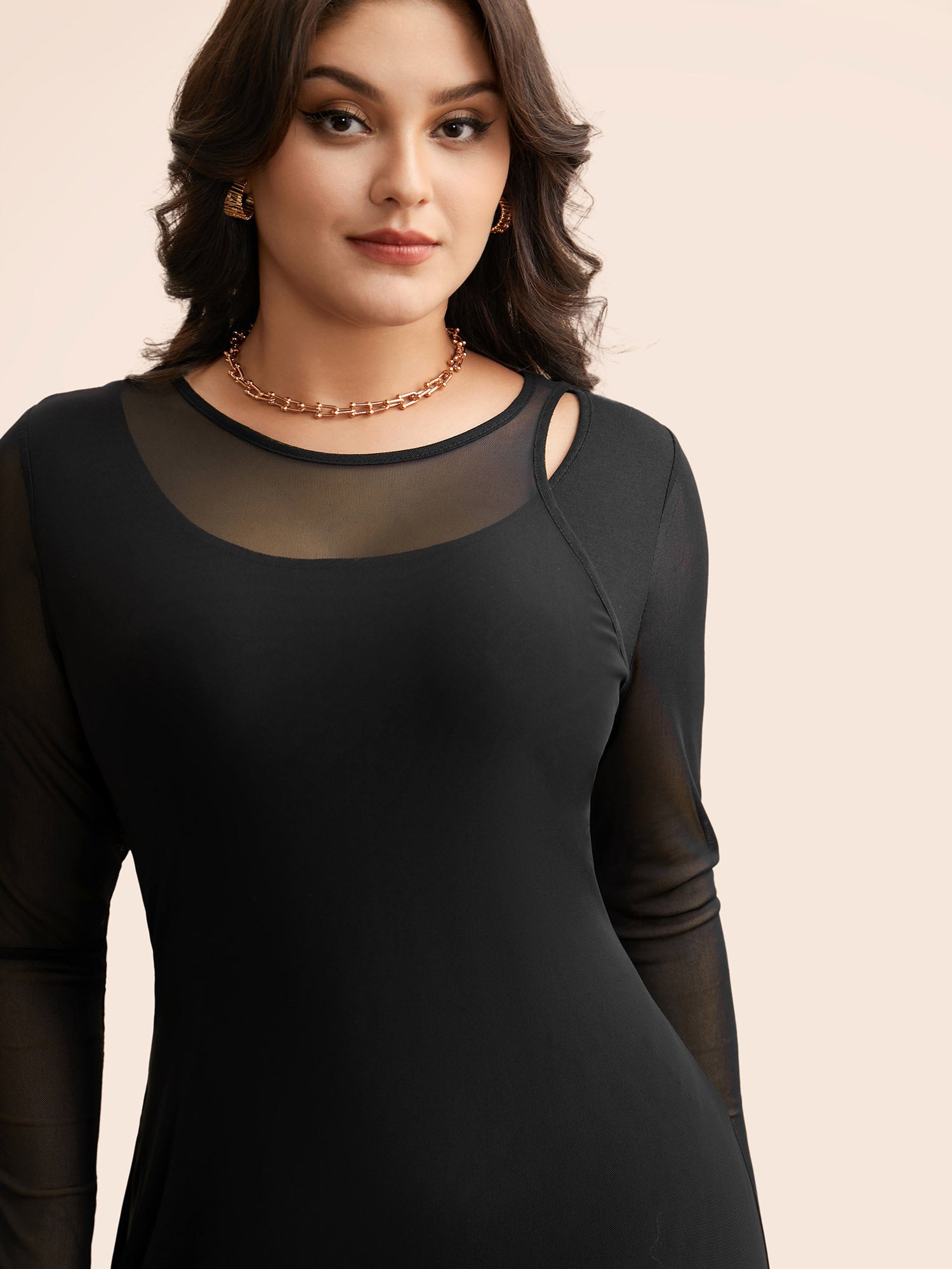 Crew Neck Patchwork Mesh Split Hem Dress