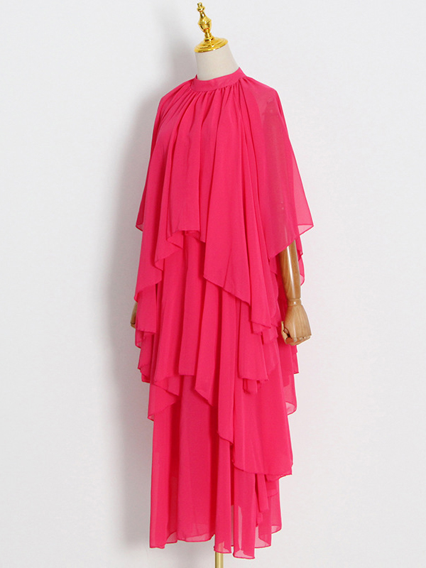 Loose Raglan Sleeve Solid Color Tiered Stand Collar Maxi Dresses