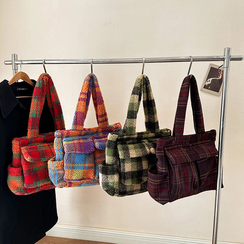 Women's Plush Lattice Streetwear Square Zipper Shoulder Bag