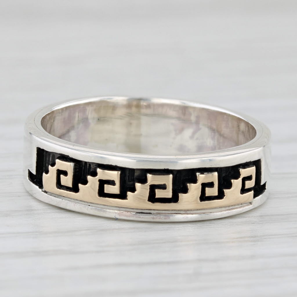Native American Scott Skeet Patterned Ring Sterling Silver 14k Gold Band
