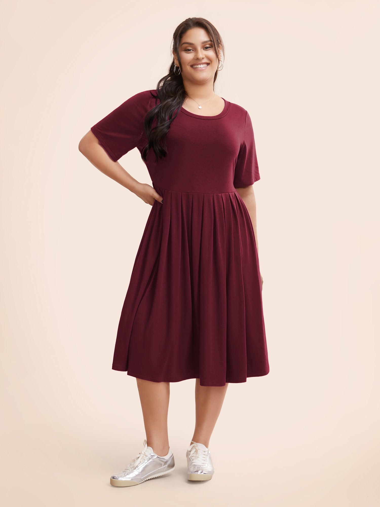 Supersoft Essentials Solid Pleated Round Neck Midi Dress