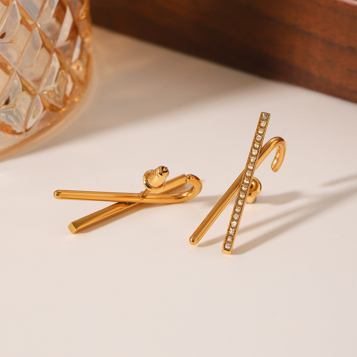 Ins Style Stainless Steel Earrings Design Cross-Line Diamond Earrings 18K Gold Titanium Steel Earrings