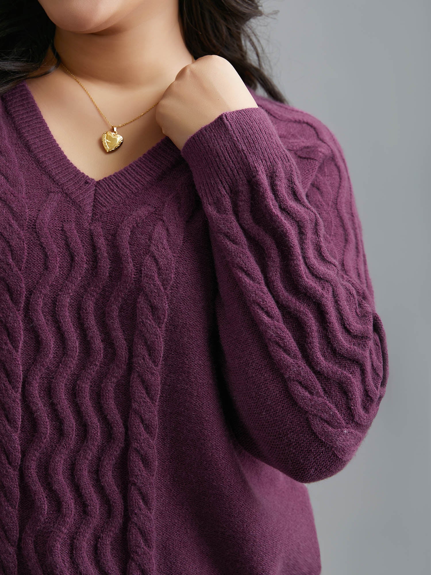 Plain V Neck Cable Knit Pullover