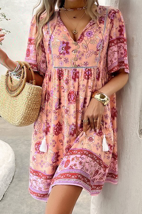 V Neck Floral Print Short Sleeve Mini Dress