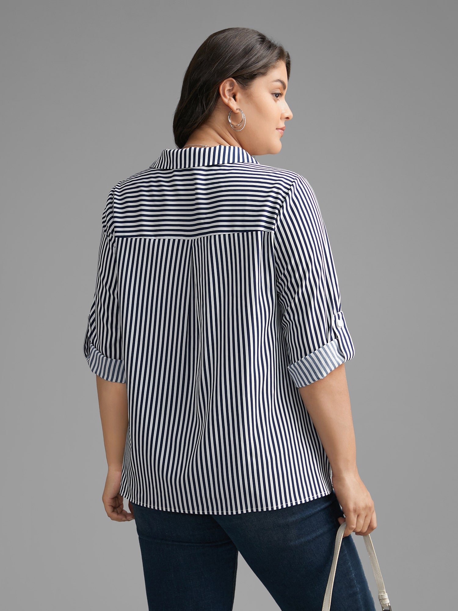 Striped Button Cuff Sleeve Split Hem Blouse