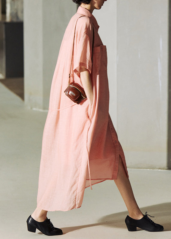 Loose Pink Peter Pan Collar Pockets Button Cotton Dresses Summer