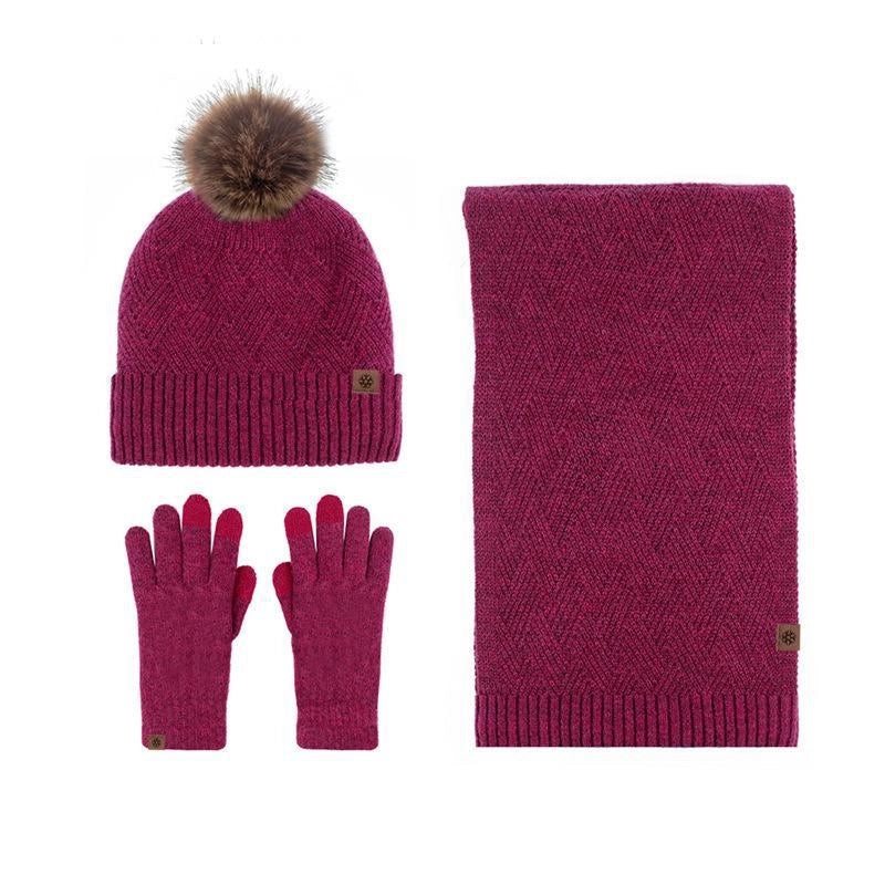 Wool Knitted Warm Gloves Hat Scarf Three-piece Suit Winter Windproof Fur Ball Fleece-lined Knitted Hat Three-piece Suit