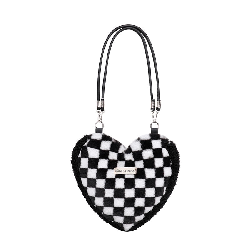Women's Small Plush Zebra Flower Checkered Streetwear Heart-shaped Magnetic Buckle Underarm Bag