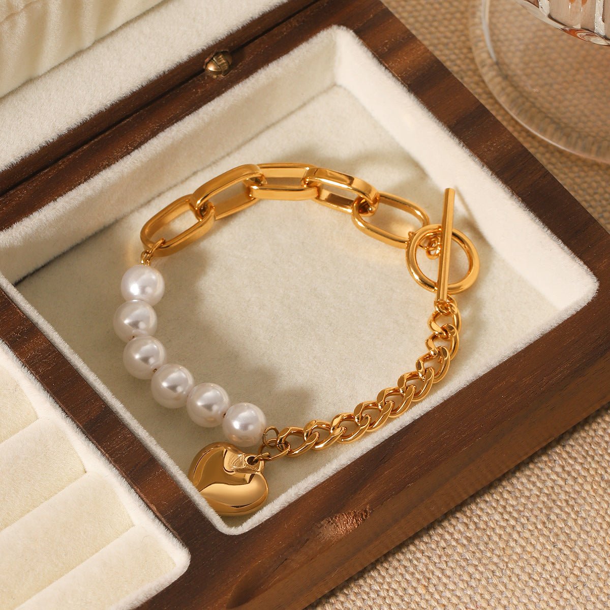 Ins Style Pearl Bracelet Female Stainless Steel Love Pendant Splicing Chain Ot Buckle Titanium Steel Jewelry