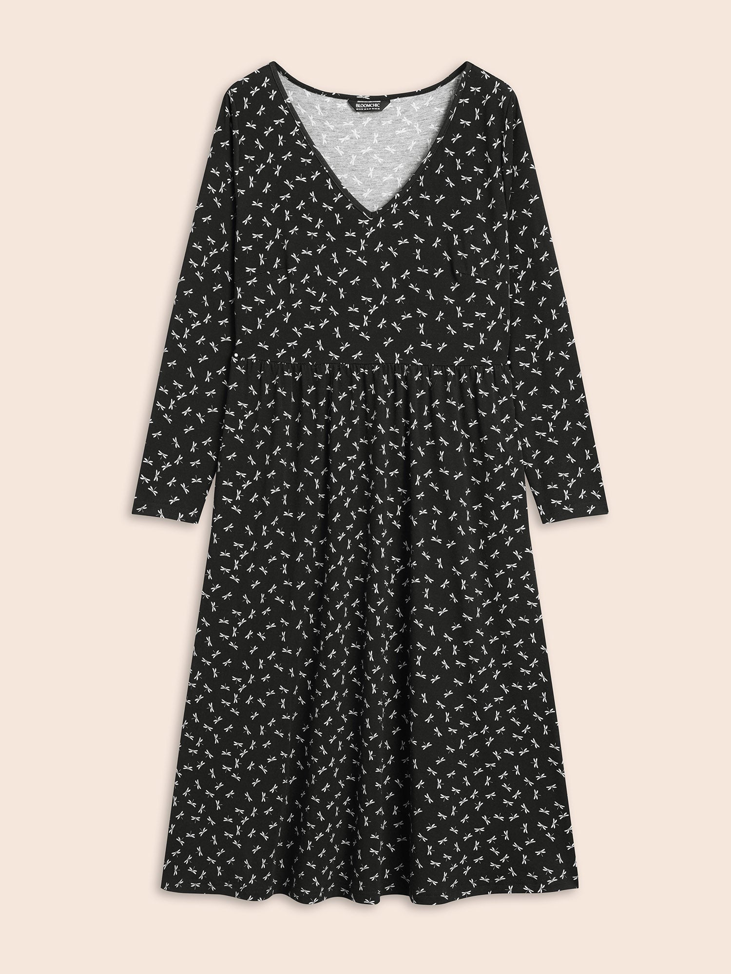V Neck Dragonfly Pattern Midi Dress