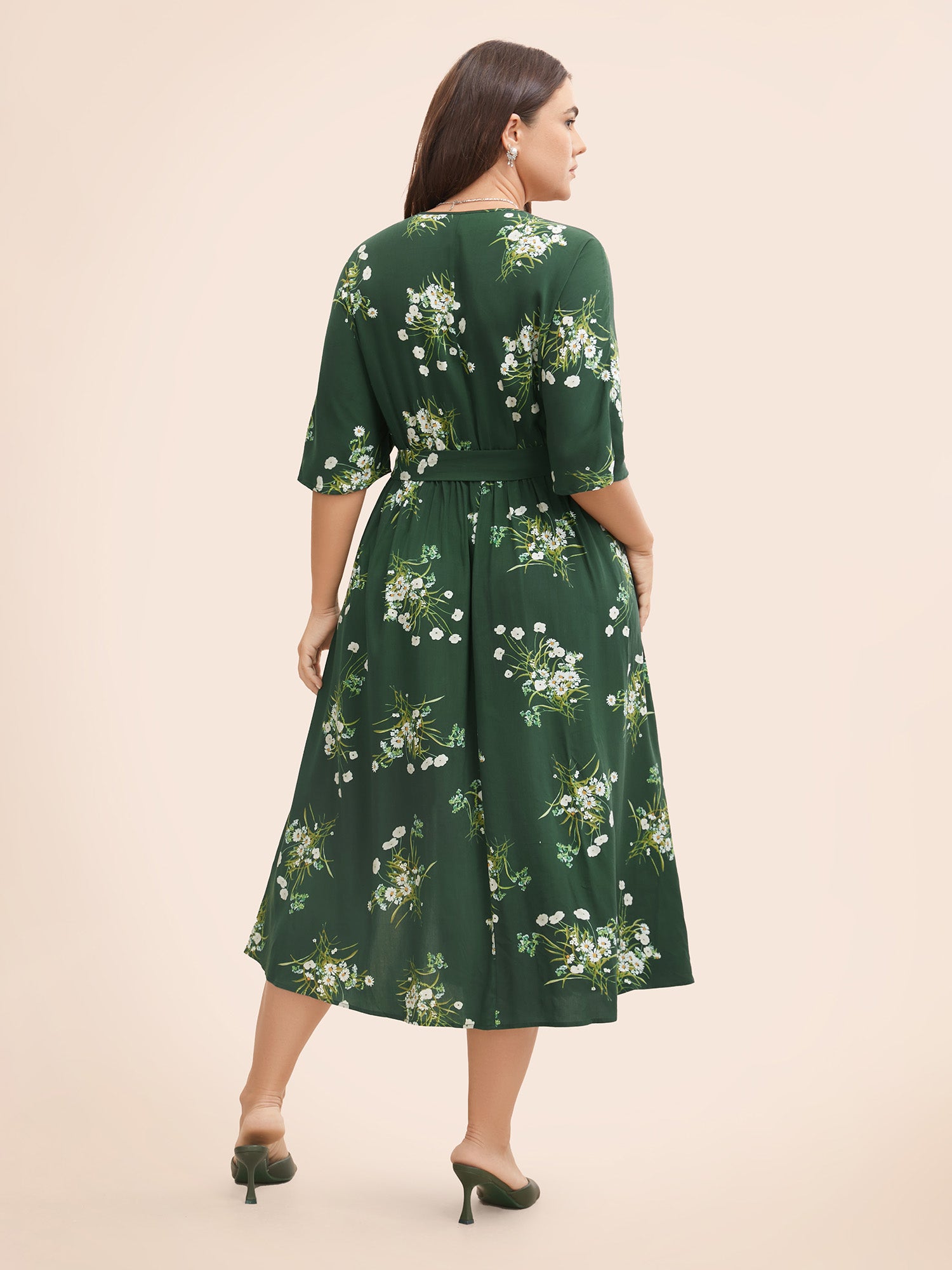 Floral Overlap Collar Split Hem Dress