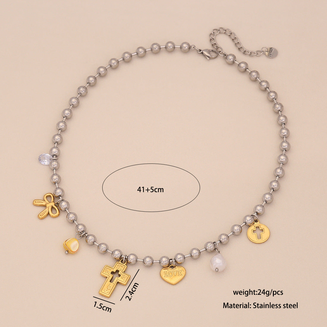 Golden Dopamine Element Necklace Cross Pearl Love Stainless Steel Clavicle Chain N1506
