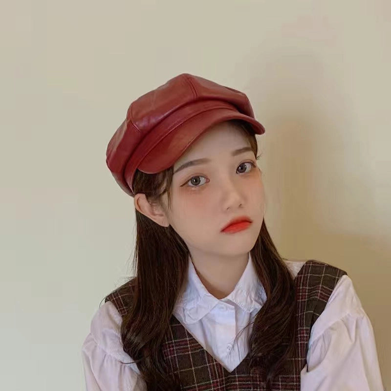 Pu Leather Octagonal Cap Women's Fashionable Autumn And Winter  Retro Cyber Celebrity Newspaper Boy Cap  Bailey Hat
