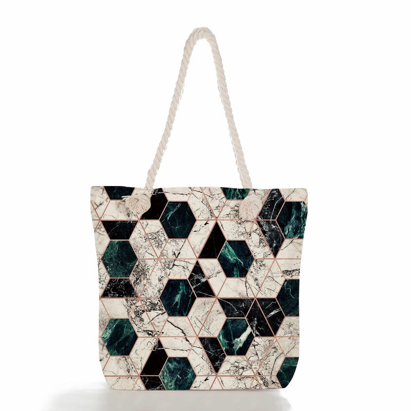 Women's Medium Canvas Geometric Flower Basic Classic Style Square Zipper Tote Bag
