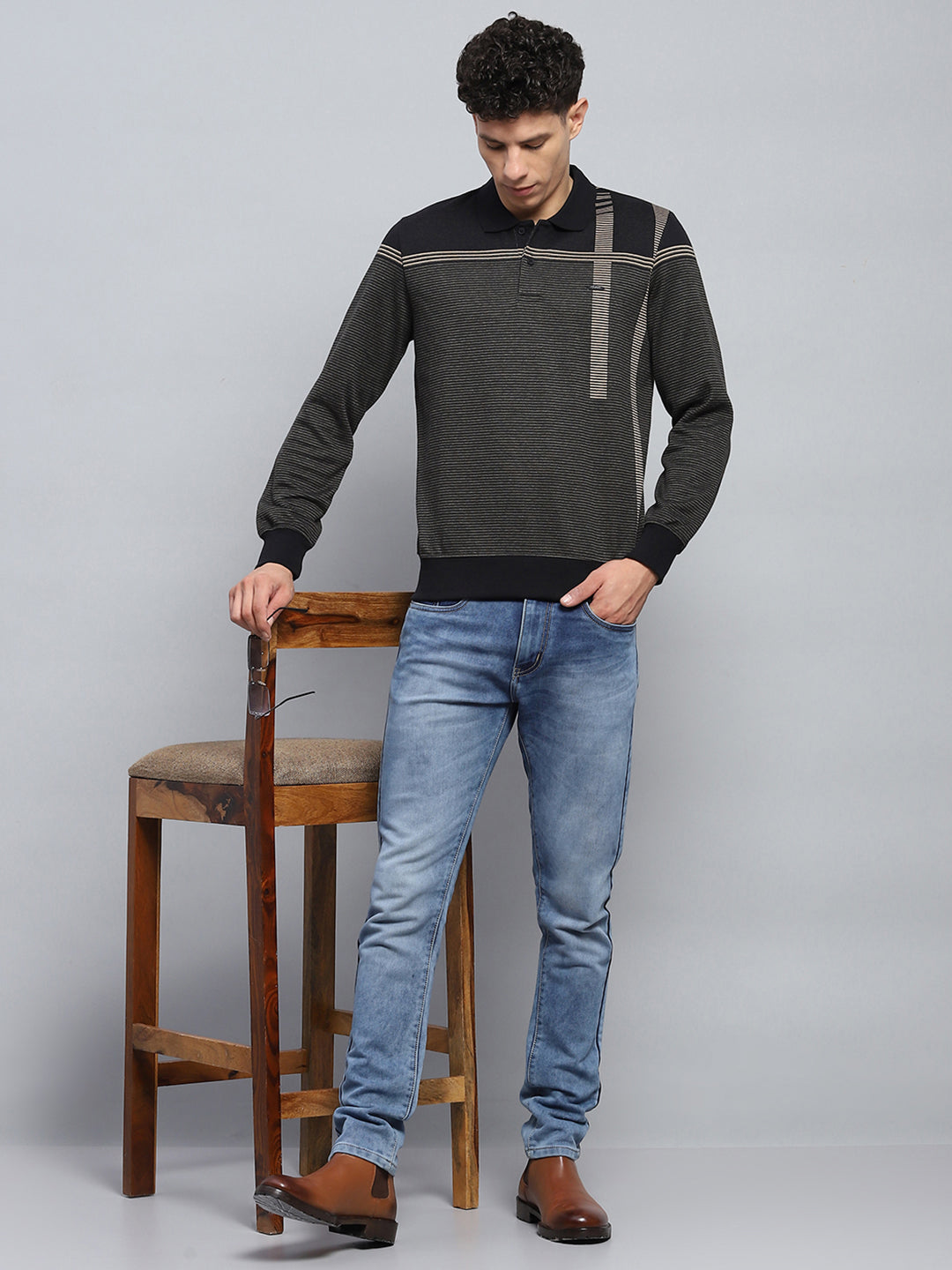 Men Black Stripe Collar Full Sleeve Winter T-Shirt