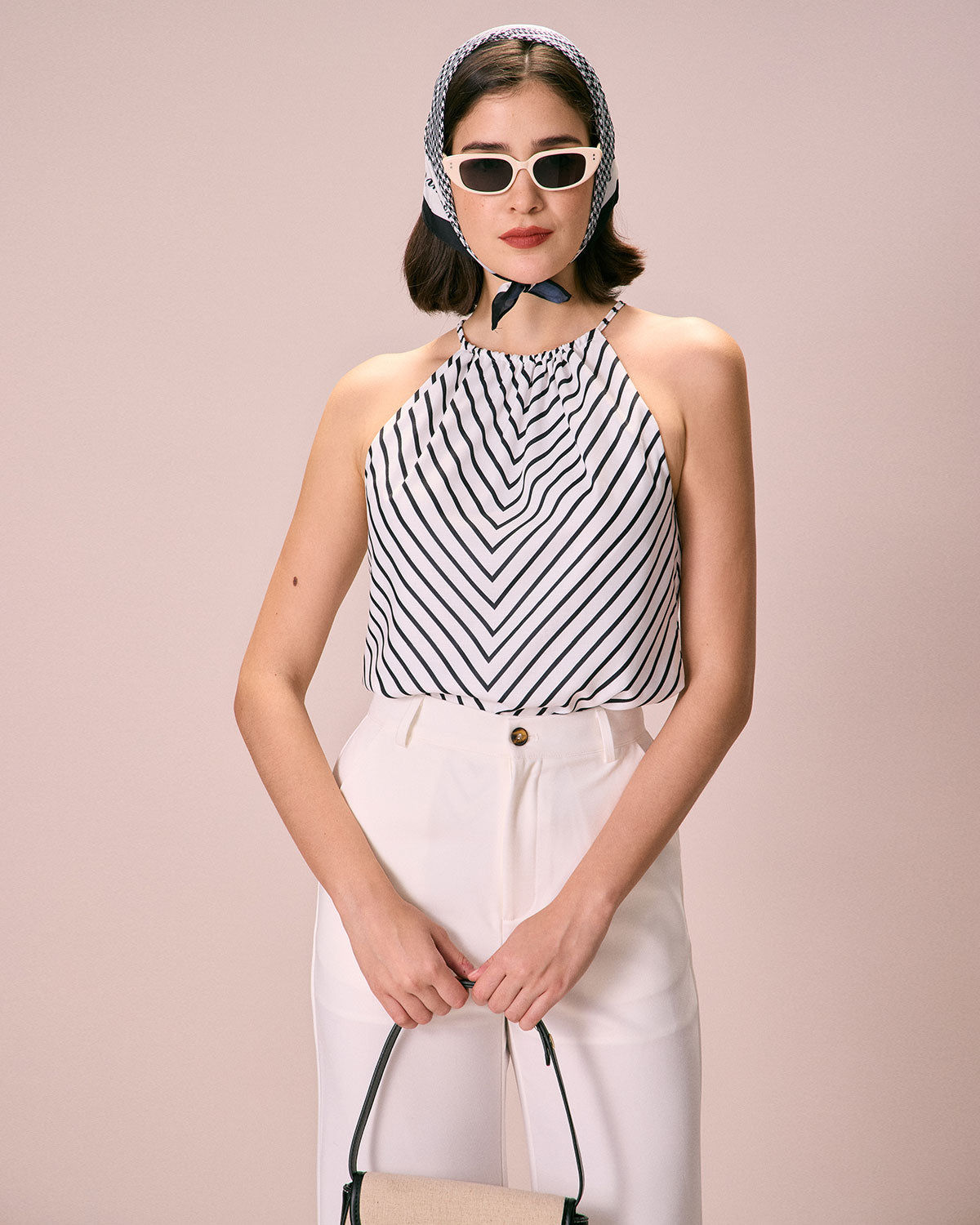 The Black Ruched Striped Halter Top