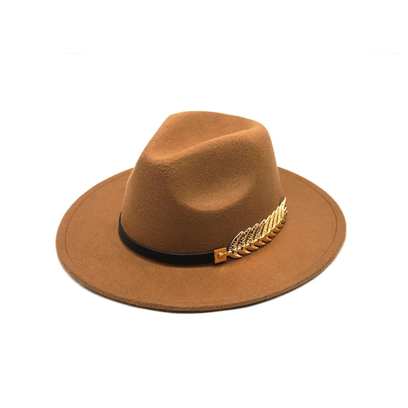 Style Fish Bone Gold Leaf Wool Gentleman Hat Large Brim Felt Hat Jazz Big Maple Leaf Imitation Wool Hat