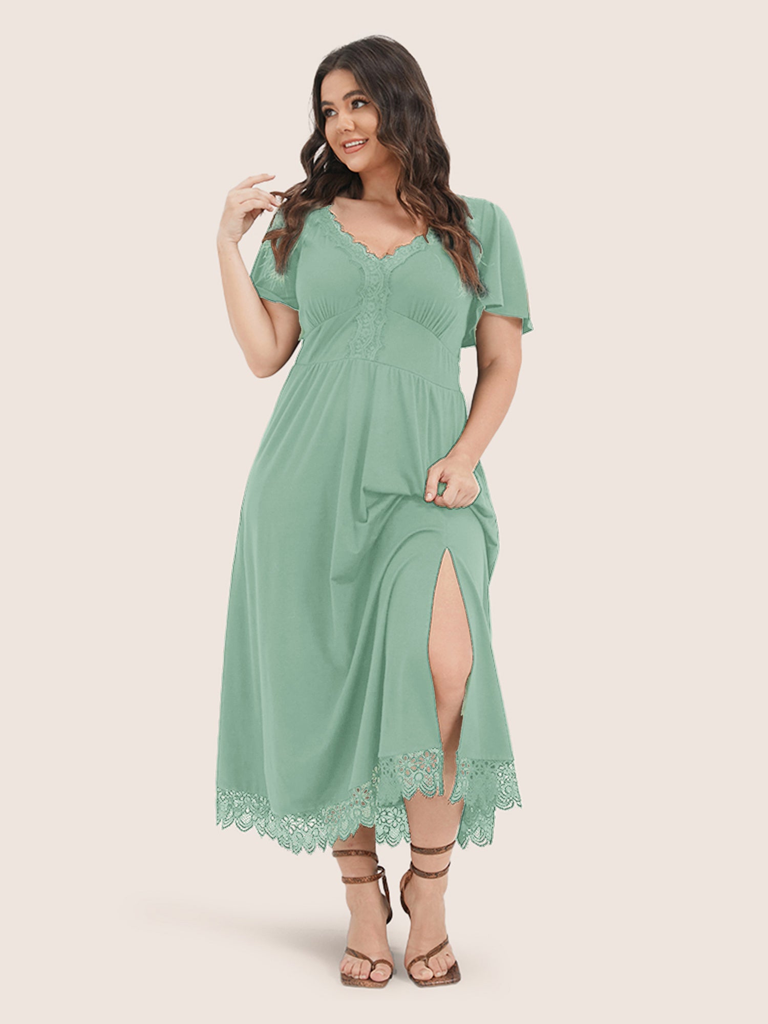 Solid Pocket Contrast Lace Split Maxi Dress